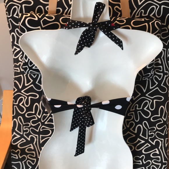Just listed❤️Black polka dot bikini top w/ red trim on band to tie around neck - Picture 2 of 6